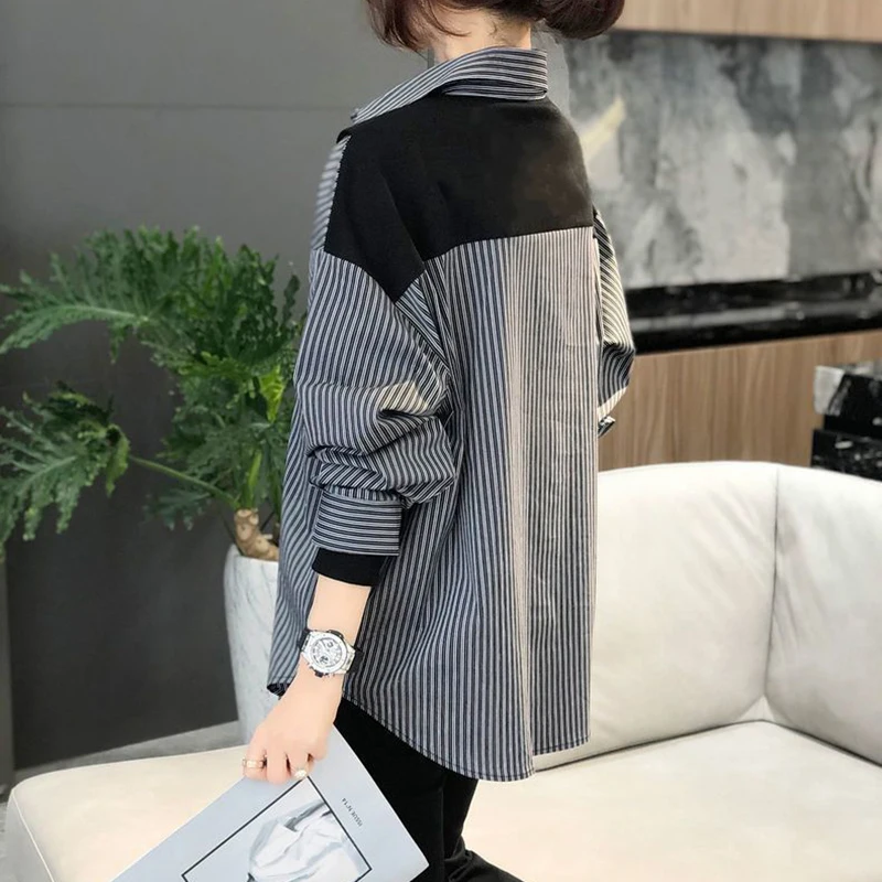 Stripe Women Shirts Korean Lace Up Loose Patchwork Female Casual Blouse Autumn New Office Turn Down Collar Chic Ladies Long Tops