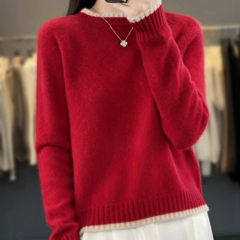 Sweter Wol Merino 100% Warna Solid Musim Gugur Musim Dingin Mode Atasan Pakaian Santai Klasik Kasmir Pulover Lengan Panjang Leher-o