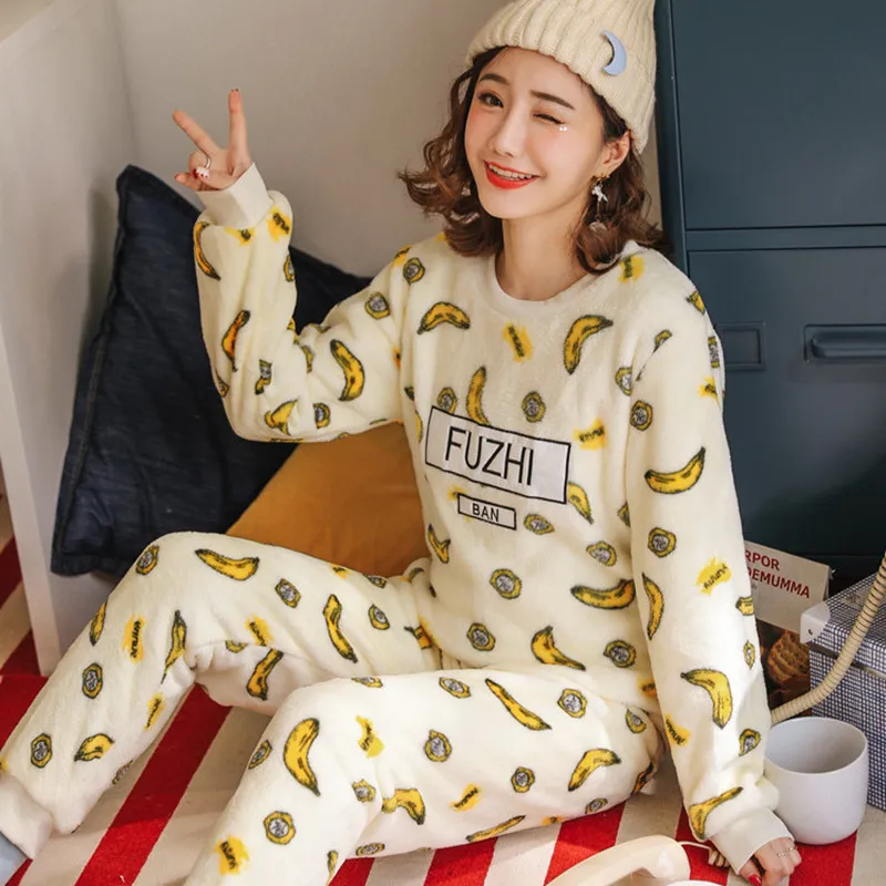 Thickened Warm Autumn and Winter Models Flannel Pajamas Women Padded Cartoon Animals Print School Coral Velvet Set Sleepwear