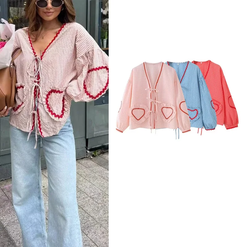 

Spring New Sweet Loose Casual Faion Color Blo Knot Tie Plaid Heart Weave Belt irt Street Sle V-ne Long Sl...