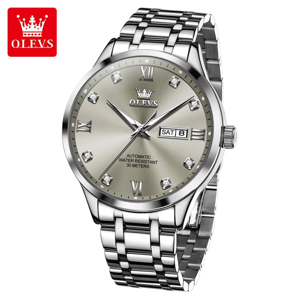 

OLEVS 9946 брендовые оригинальные мужские часы с двойным календарем и бриллиантовой шкалой, роскошные автоматические механические часы для мужчин, деловые наручные часы