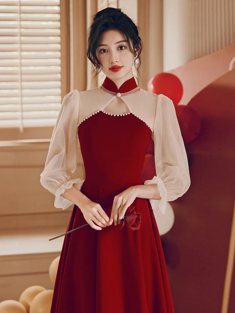 

Red Chinese Sle Engagement Dr ort Wedding Ceremony Costume Women's Faionable Slim Fit Pearl Embellied