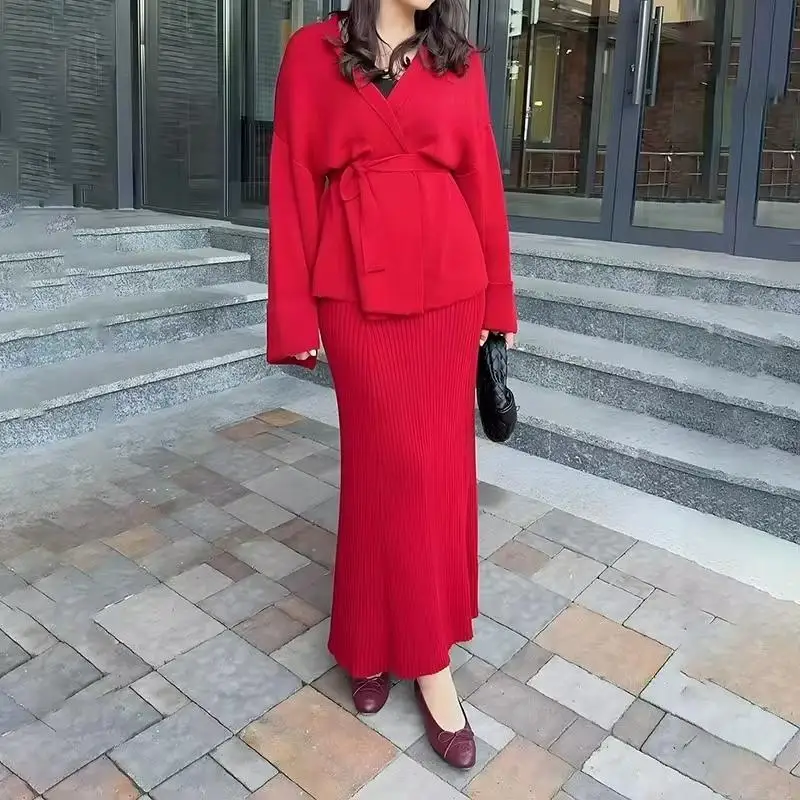 

Tie up Knitted Sweater And Skirt Set Long Sve V Ne Spring Faion Women's Ensemble f-length Skirt Ensemble