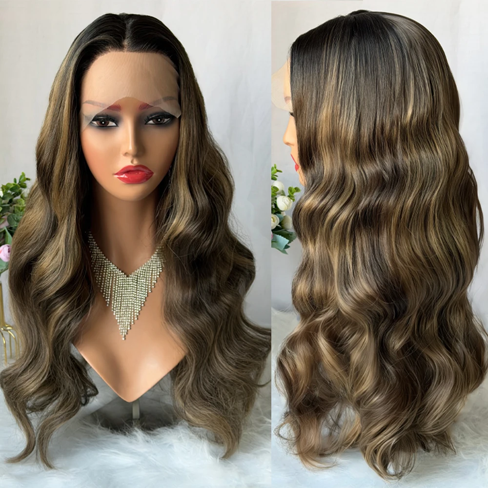 Highlight Ombre Body Wave Synthetic Wig Synthetic 13x4 HD Lace Front Wig Pre-Plucked Honey Blonde Color Realistic Hair for Women