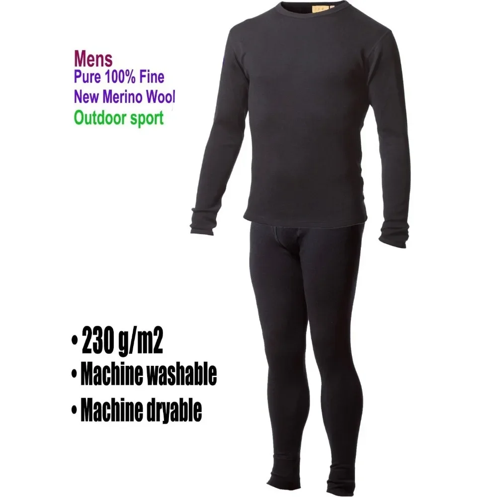 Men's male 100% Pure Merino Wool Winter Base Layer Thermal Warm Sweater Underwear Breathable Mid weight Tops Pants Bottom Set