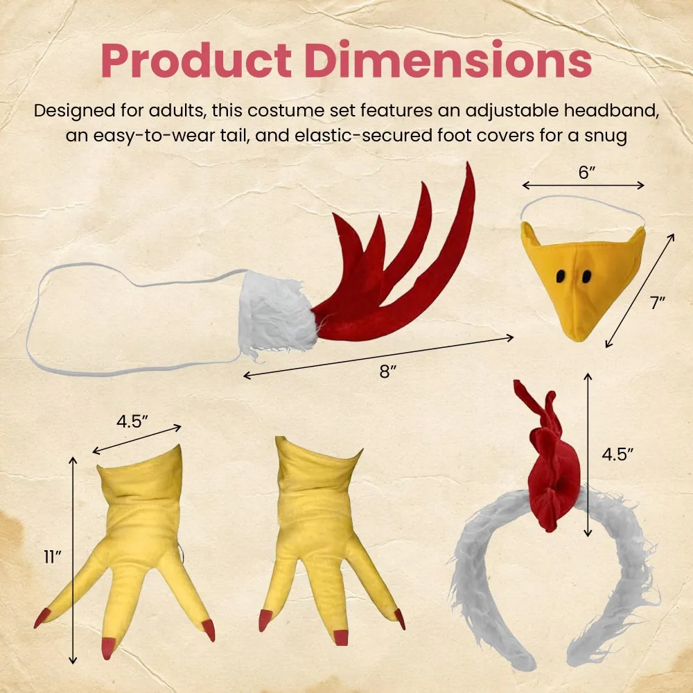 Rooster Chicken Costume Kit Chicken Headband Tail Beak Feet Men Women Halloween Cosplay Costume Accessory Set Birthday Christmas