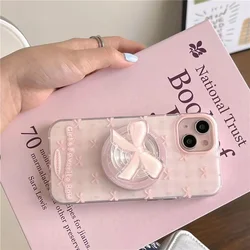 Magnetic pink bow phone case with holder For iPhone 11 12 13 14 15 16 pro max