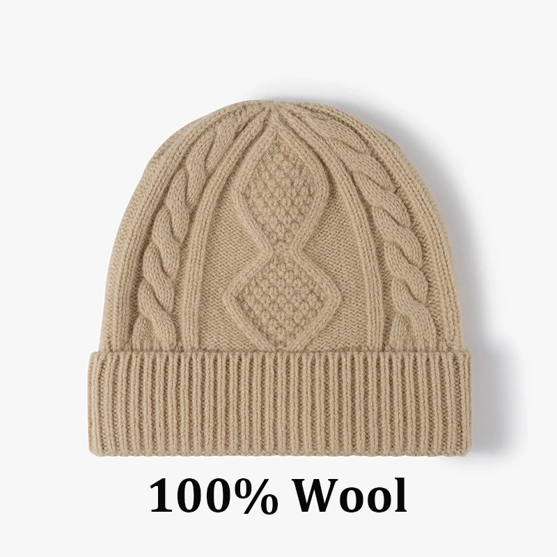 

100% wool beanies hats for men and women autumn winter hat unisex solid color twist knitted skullies caps