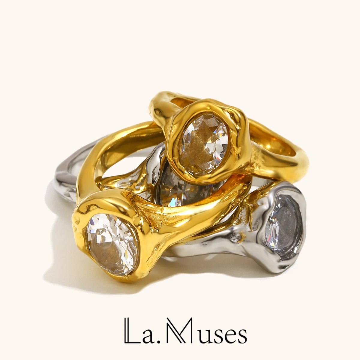 La. Muses Luxury Shiny Round Zircon Irregular Stainless Steel Women's Ring PVD Gold Plated Fashion Jewelry Accessories