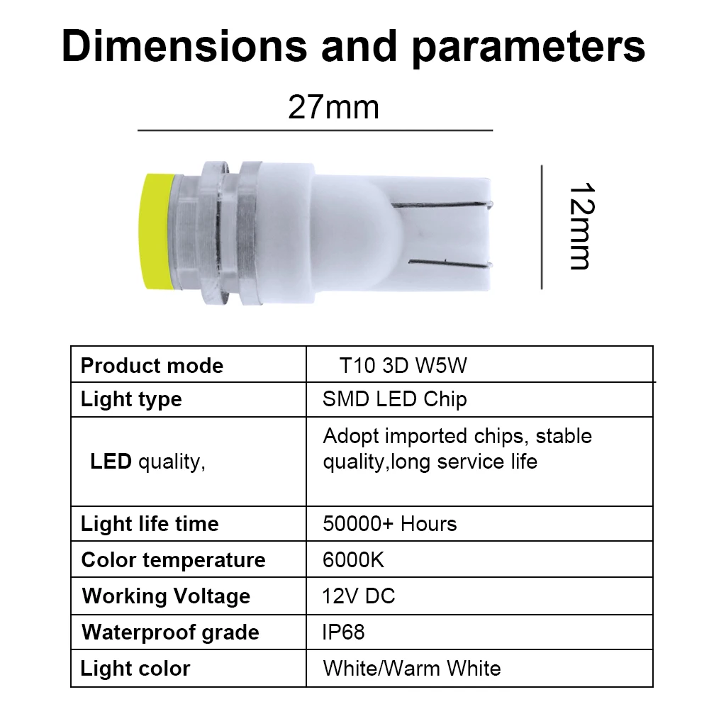 roadsun 10Pcs Auto Led T10 3D 194 168 W5W Car Door Side Signal Lamp Dome Reading License Plate Light Interior Lighting Bulb 12V