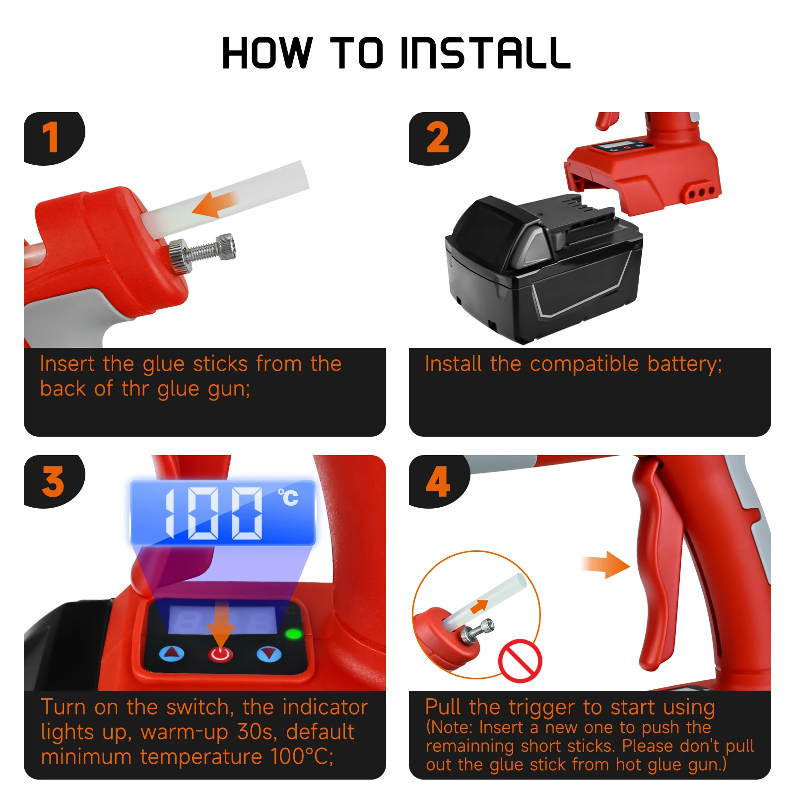 100W Cordless Hot Glue Gun 0-220℃ Digital Temperature Adjustable with 10pcs 11mm Sticks for Milwaukee 18V Battery (No Battery)