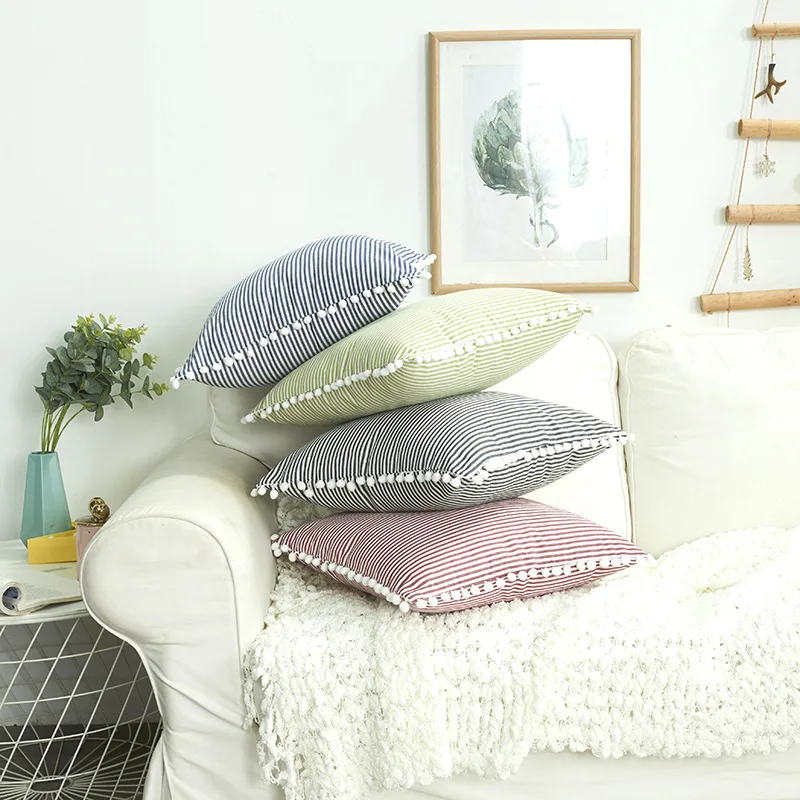 Home Decoration Pompom Ball Tassel Cushion Cover Geometric Stripe Cotton Linen Waist Pillow Cover Sofa Decor Pillow Without Core