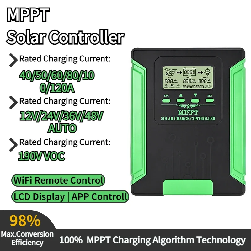 

12V/24V/36V/48V MPPT Solar Charge Controller 40/50/60A WiFi Solar Panel Regulator LCD USB for Lifepo4 Lead Acid Lithium Battery