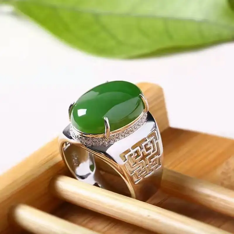 Stile cinese verde giada di man anello 12*16 millimetri naturale giada vintage 925 d\'argento della pietra preziosa dell\'argento per l\'uomo di lusso