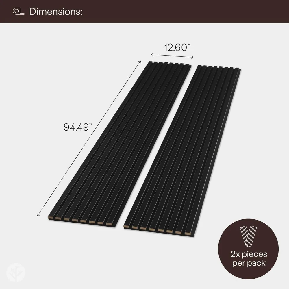 Wood Wall Panels, 2 X 94.49” X 12.6”, Slatted Matte Black Veneer, Wood Wall Panels