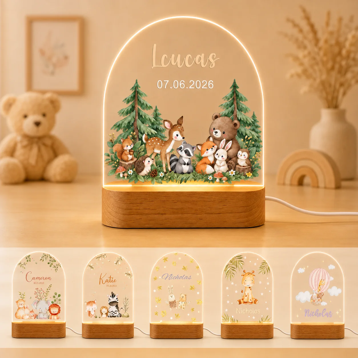Personalized Kids Night Light Custom Name Date Acrylic LED Lamp USB Wooden Base Animal Nursery Bedroom Decor Birthday Gift