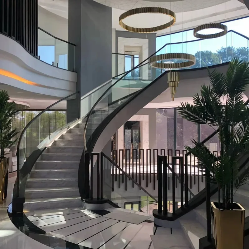 custom.Interior Decorative Staircase Custom Modern Steel Structure Wood Steps Curved Staircase With U Channel Glass Ra