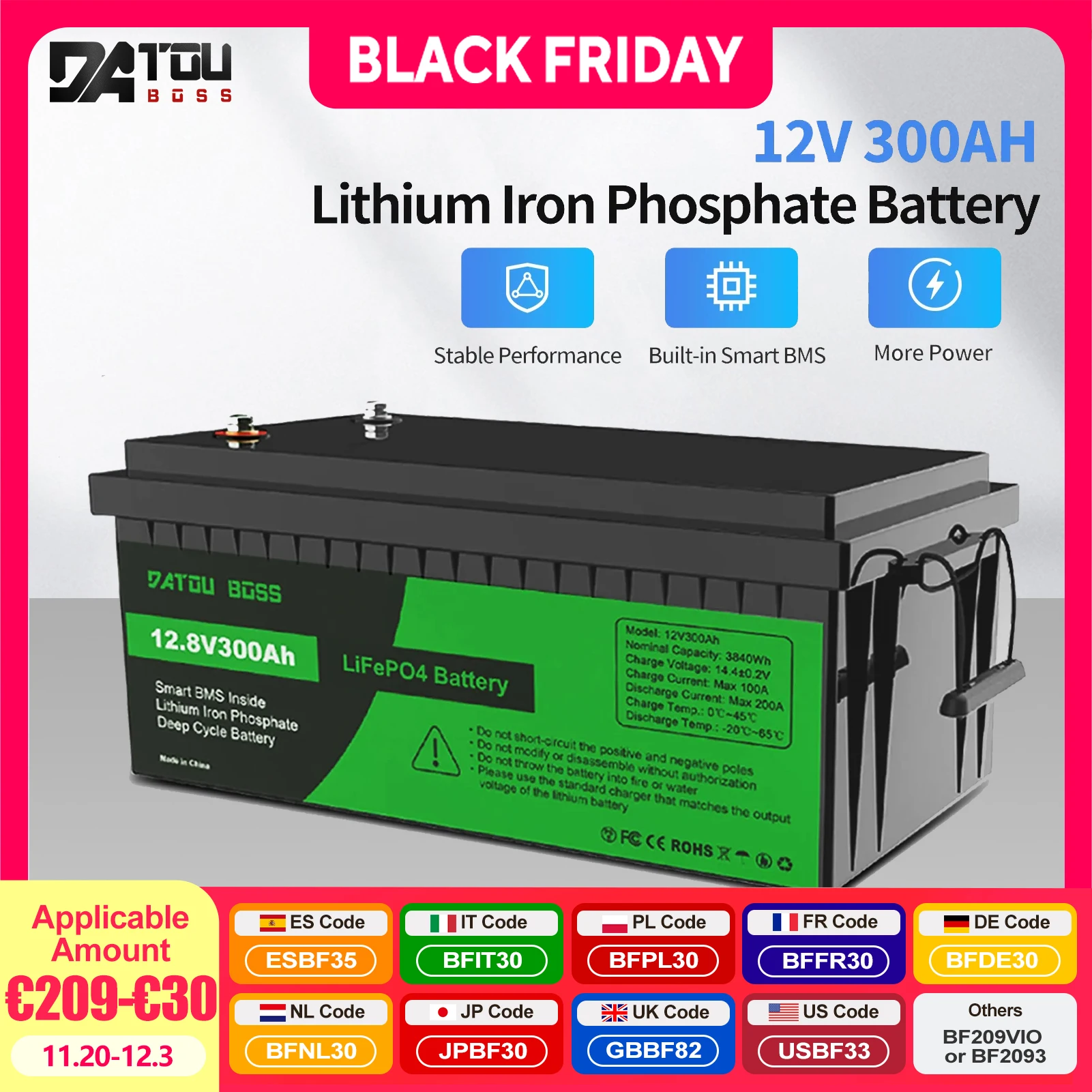 

DATOUBOSS Lithium Battry 12V100A200A300A LiFePO4 battery rechargeable Solar Generator With BMS Solar Storage System Deep Cycle