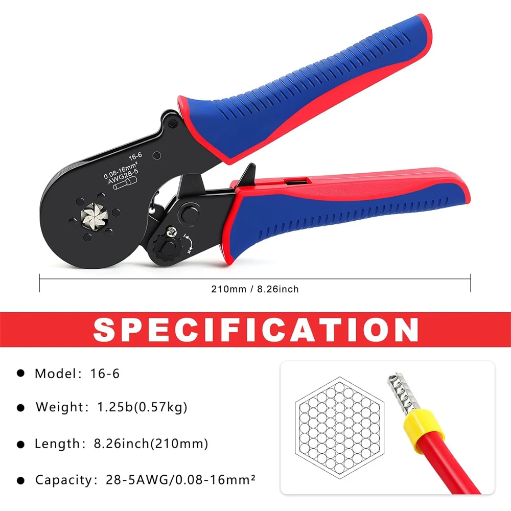 أداة تجعيد الطويق السداسية، أداة تجعيد 16-6 حلقات ومكشكش سلكي سداسي لأكمام نهاية الكابل 28-5 AWG/0.08-16mm2
