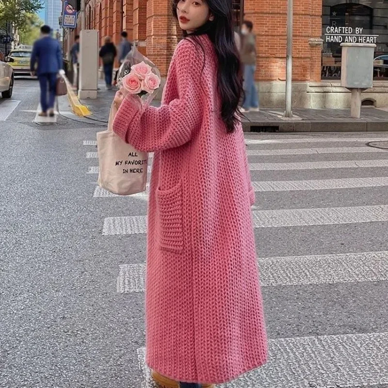 Autumn Winter New Fashion V-neck Long Sleeve Medium Long Styles Solid Sweaters Cardigan Women\'s Clothing Loose Knitting Chic Top