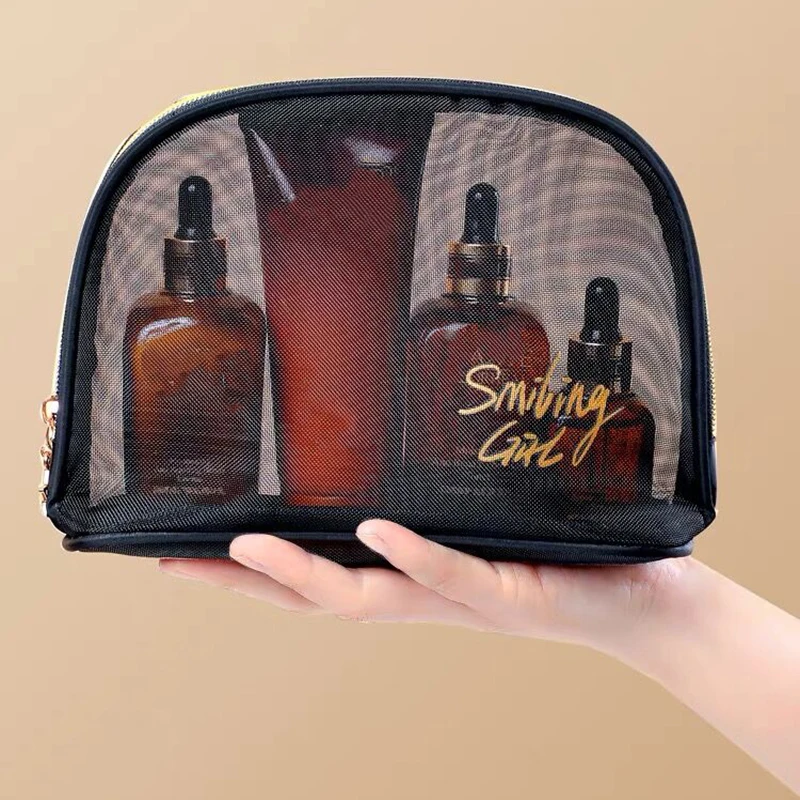 Bolsas de almacenamiento de malla de doble capa, estuche de cosméticos de maquillaje negro de gran capacidad, estuche de aseo informal, organizador