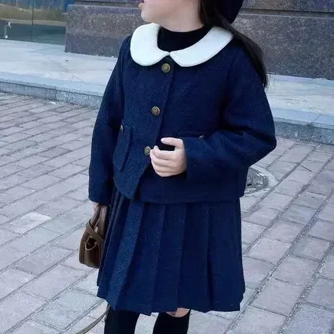 

Girls Clothes Suit Fashion Style Set 2023 Spring and Autumn Childrens Small Fragrant Wind Woolen Coat Vest Skirt Two-piece Set