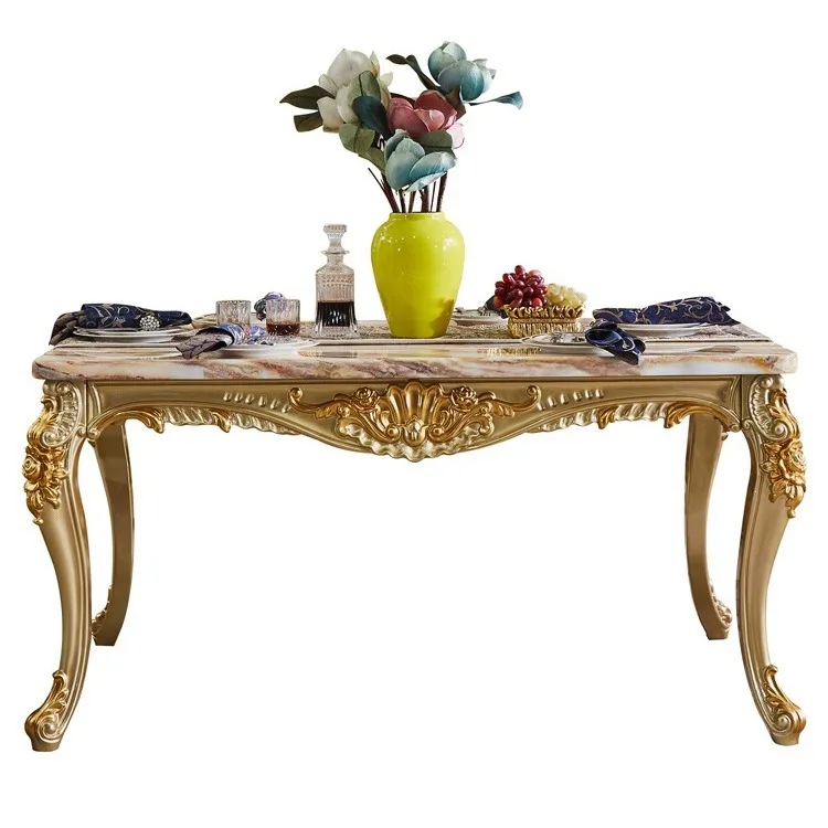 

European dining table and chair combination rectangular marble full solid wood carving flower dining table small household di