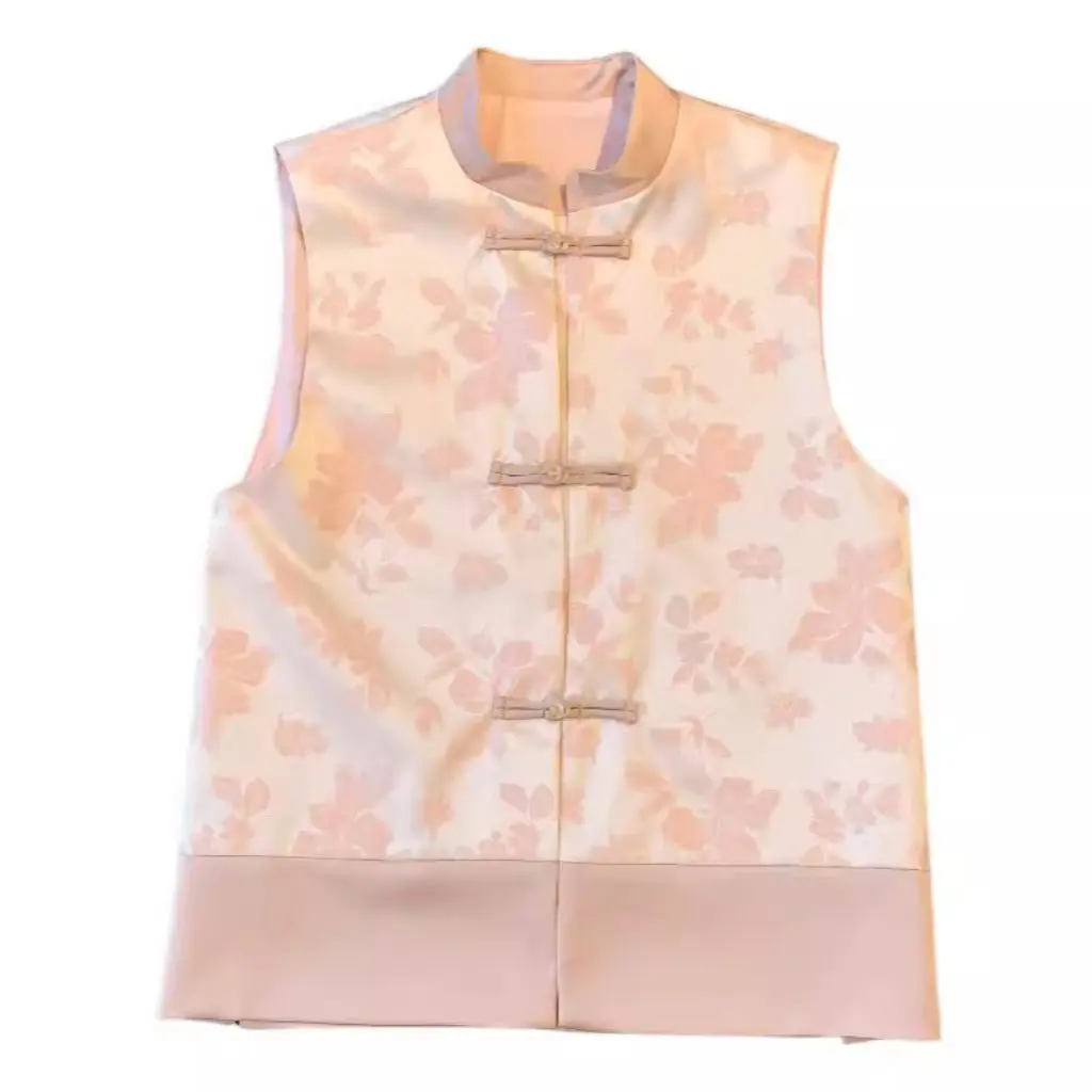 

Women's National Style Satin Jacquard Vest Top H Version Vertical Collar Handmade Metal Buckle Spring Summer Fashion F040213