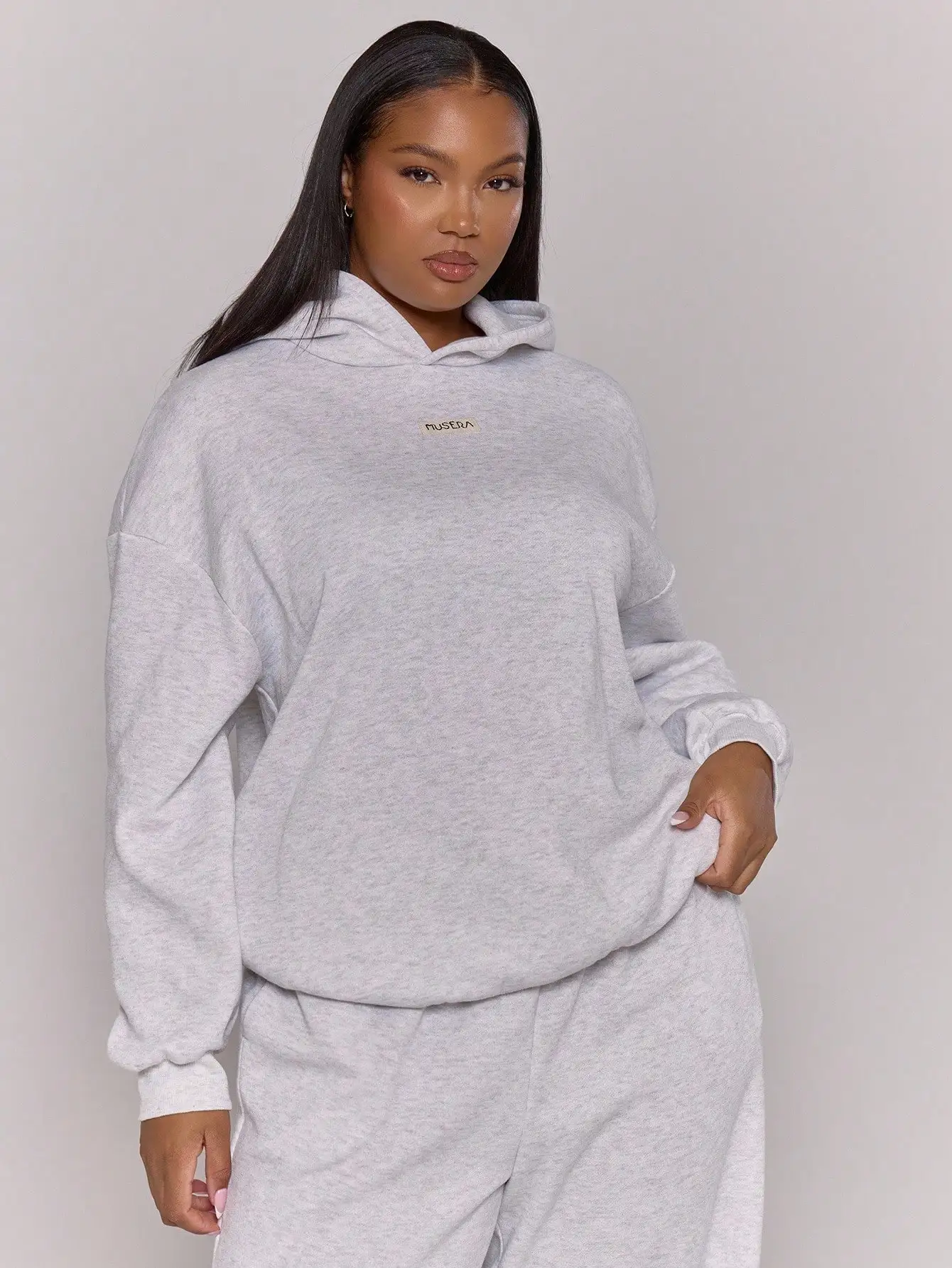 

Oversized Hoodie with Patch Logo - Soft Gray Casual Sweatshirt for Autumn