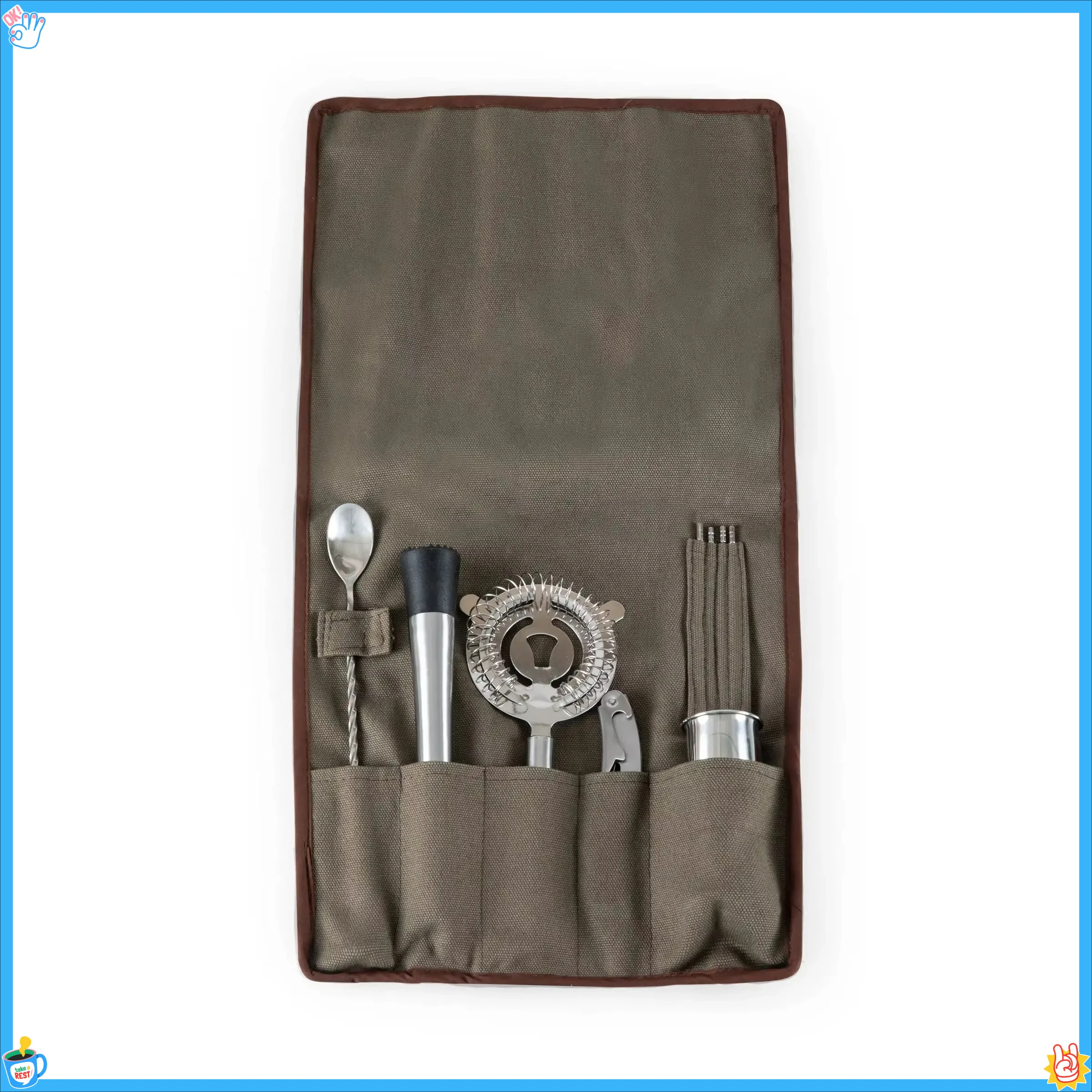 

Roll Up 10-Piece Bar Tool Set with Zippered Case, Bartender Kit for Home & Professional Cocktail Making, Portable