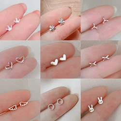 A Pair 925 Silver Needles Mini Stud Earrings for Women Heart Star Butterfly Dinosaur for Teens Simple Ear Piercing Jewelry