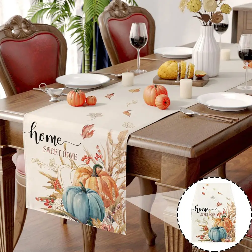 Table Runner Pumpkin Print Rectangle Flax Thanksgiving Day Theme Autumn Dining Table Cloth Cover halloween liquidación