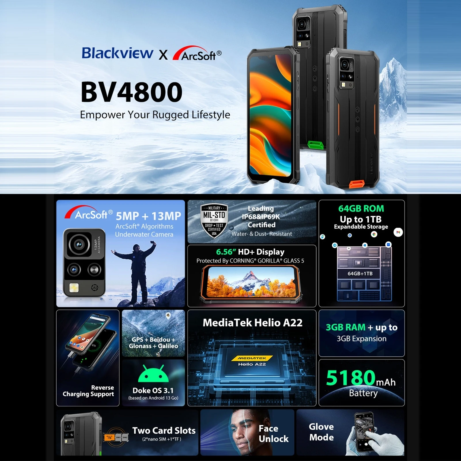 Blackview BV4800 Rugged Smartphone 3GB+64GB Android 13 IP68/IP69K Helio A22 Quad Cored 6.56 inch 60Hz 5180mAh NFC Mobile Phone