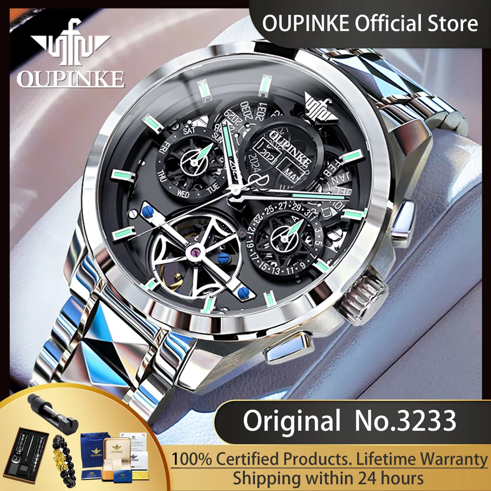 OUPINKE 3233 New Automatic Mechanical Watch For Men Hollow 42mm Big Dial Hand Clock Tungsten Steel Strap Original Men\'s Watches