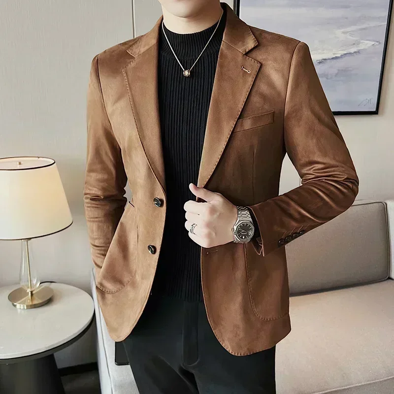 Fashion Slim Men Blazer High-end Deerskin Velvet Thick Solid Color Suit Jacket Gray Dark Green Brown Top Autumn and Winter Coat