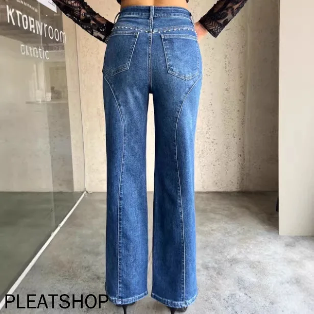 European and American beaded stitching jeans for women, loose high-waisted straight denim trousers