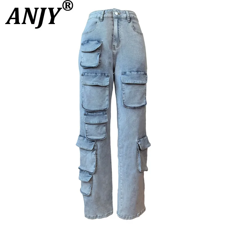 

ANJY Autumn Fashion Women American Safari Style Elastic Jeans Three-Dimensional Multi Pockets Chic Tide Denim Cargo Pants A11379