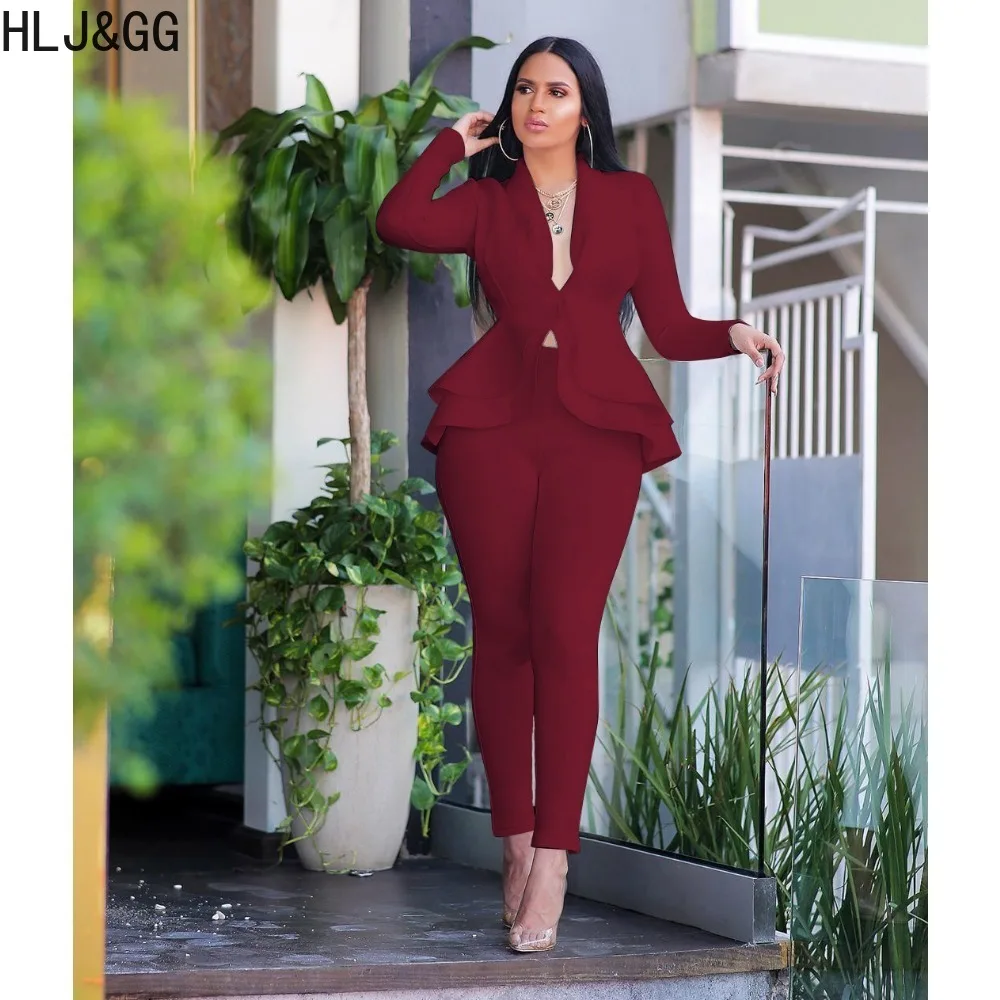 HLJ&GG Elegant Lady Solid Ruffle Design Two Piece Sets Women Deep V Long Sleeve Top And Skinny Pants Outfits Female OL Clothing