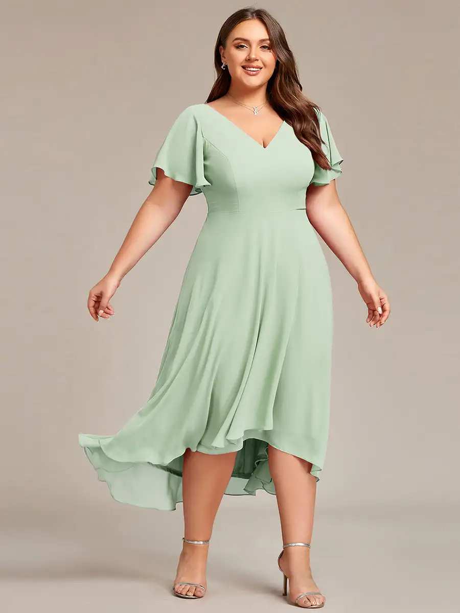 BAZIIINGAAA Party Dress Plus Size V-Neck High Low CHiffon Ruffles Evening Dresses