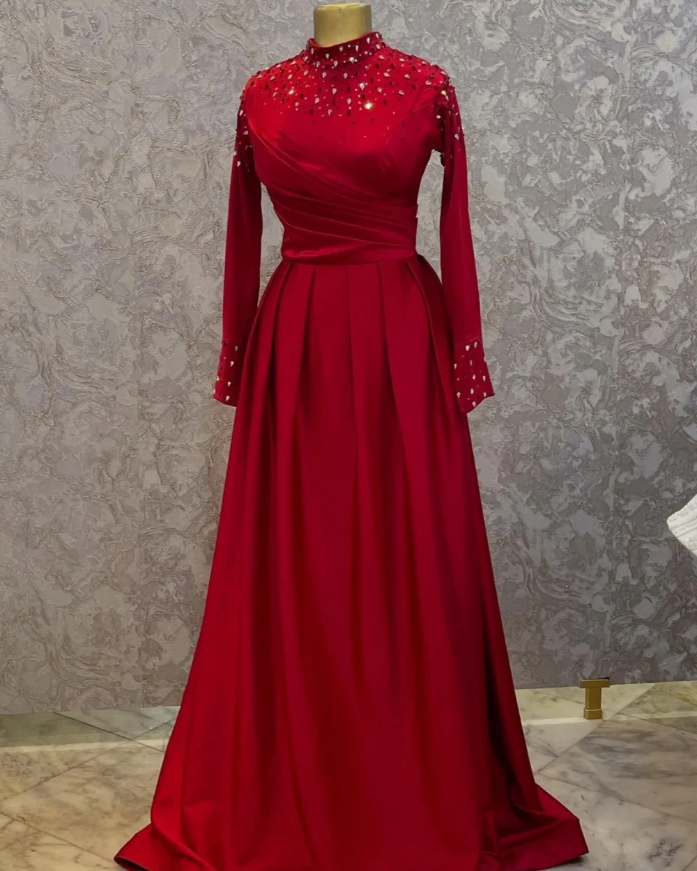 

Customized Modern Style Matching Charmeuse Rhinestone Ruched Straight High Collar Long Dresses Bespoke Occasion Dresses Formal