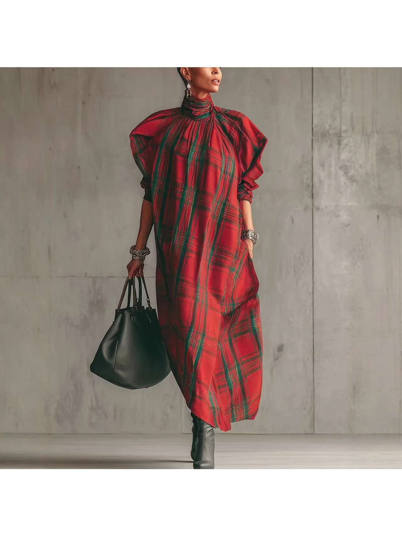 Robe longue Vintage à carreaux imprimés, manches bouffantes, col roulé, ample, décontractée, haute rue, ourlet asymétrique, 2025