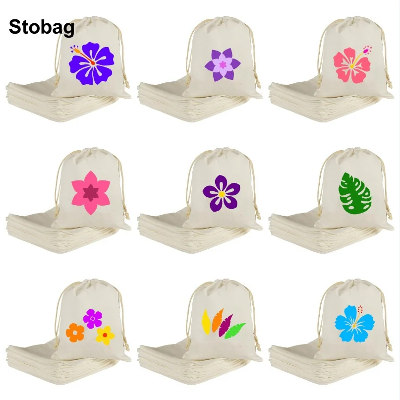 

StoBag 5pcs Small Flower Linen Cotton Bags Drawstring Kids Cloth Gift Packaging Storage Bundle Pocket Reusable Pouch Party