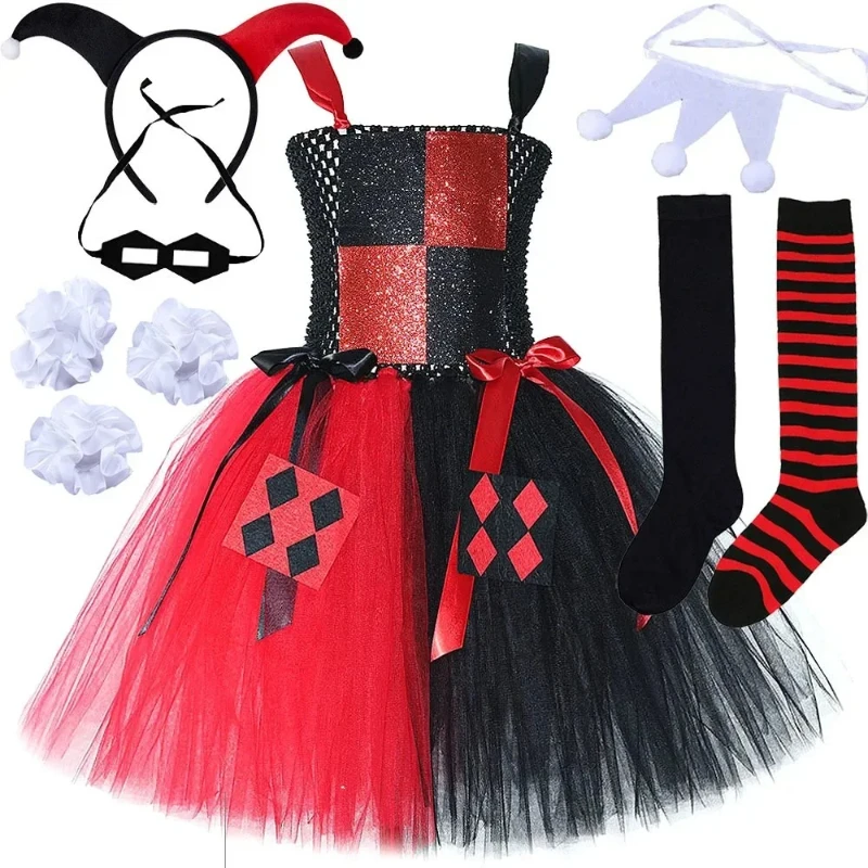 Red Black Clown Halloween Costume for Girls Circus Performance Fancy Dress for Kids Carnival Party Outfit Children Joker Clothes