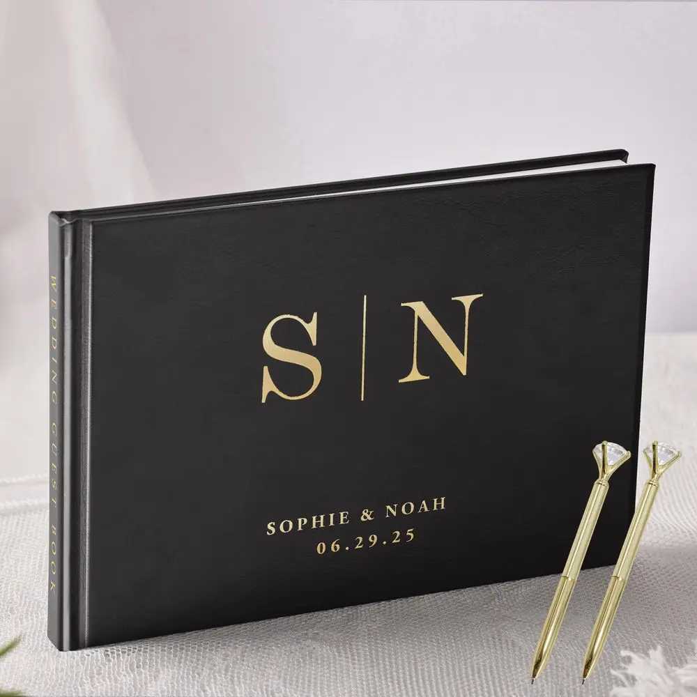 Personalized Wedding Guest Book Elegant White/Black Guest Sign Memory Book Anniversary Party Decoration on Table Photo Album