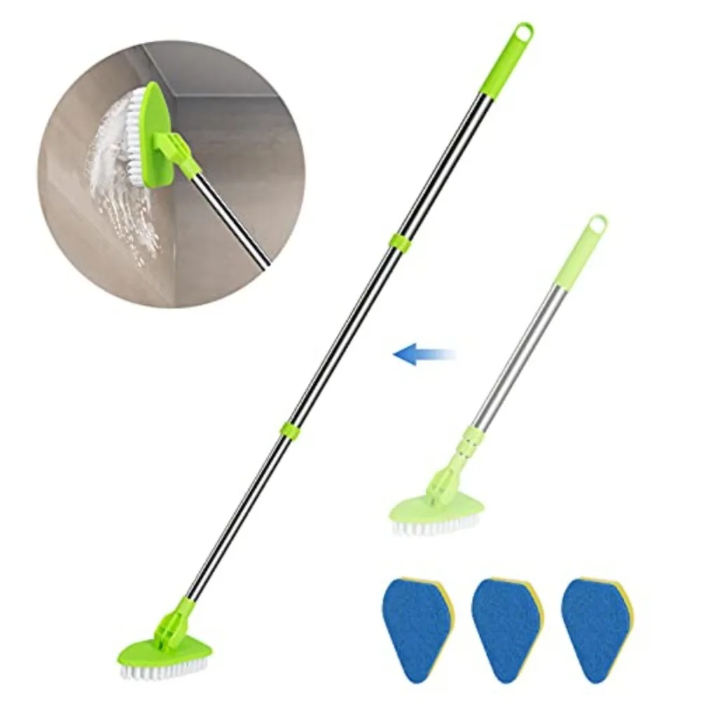 

2 in 1 Scrub Cleaning Brush with 37" Long Extendable Handle, 1 Stiff Bristle and 3 Sponge Brushes, Lightweigh Detachable Shower