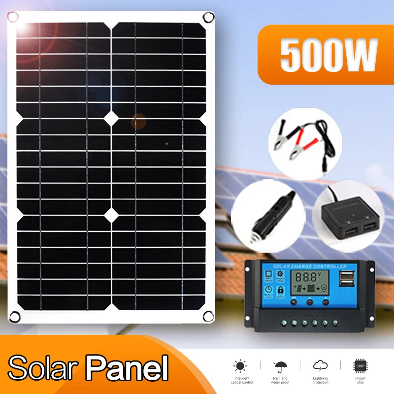 Painel solar portátil impermeável, porta usb, carregador de bateria solar, acampamento ao ar livre, banco do poder do telefone, 500W, 18V, 12V, 5V