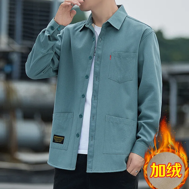 Thicken Fleece Men's Solid Color Shirt Coats Winter Fashion Good Quality Warm Fleece Long Sleeve Multi Pockets Jacket Dailywear