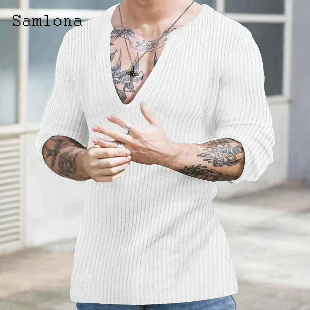 

Мужские повседневные топы с v-образным вырезом больших размеров, винтажная трикотажная футболка, новинка 2025, осенние пуловеры, мужские базовые футболки с короткими рукавами, белая, серая