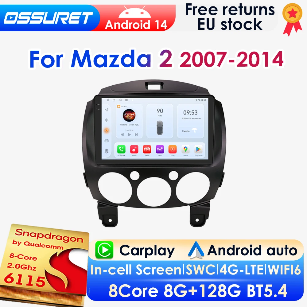 AI Carplay Android 14 Autoradio für Mazda 2 2007 2008-2014 GPS Multimedia 4G DSP BT 8G 128G 360-Grad-Kamera mit Snapdragon 6115