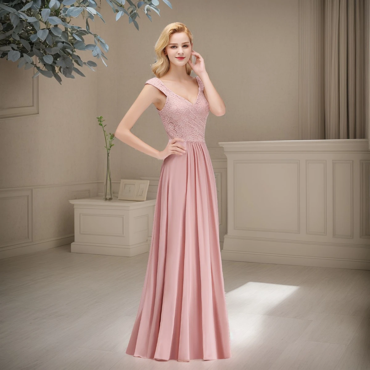 

BABYONLINE Off The Shoulder Evening Dresses Floral Lace Straps V-Neck Sleeveless Long Gown A-Line Floor-Length Formal Prom Dress
